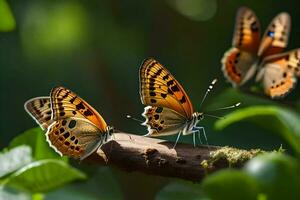 tre fjärilar är Sammanträde på en gren. ai-genererad foto