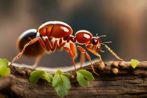 ett myra är gående på en gren med löv. ai-genererad foto