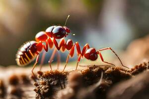 en röd myra är stående på topp av en logga. ai-genererad foto
