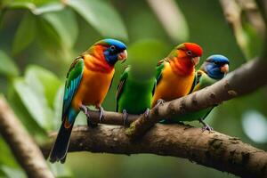 tre färgrik fåglar Sammanträde på en gren. ai-genererad foto