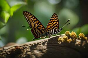 två fjärilar är Sammanträde på en gren. ai-genererad foto