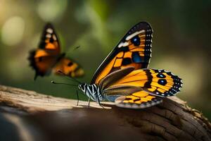 två fjärilar är Sammanträde på en logga. ai-genererad foto