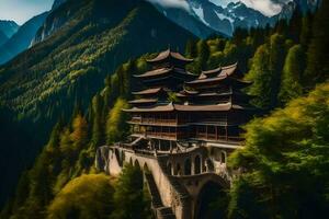 en kinesisk pagod i de berg. ai-genererad foto