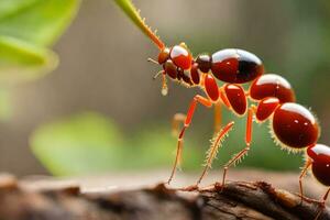 en röd myra är stående på en gren. ai-genererad foto