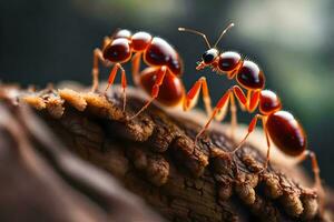 två myror på en logga, ett är innehav de Övrig. ai-genererad foto