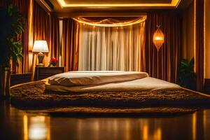en säng i en rum med en ridå och lampor. ai-genererad foto