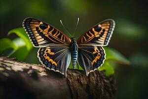en fjäril med svart och orange vingar är Sammanträde på en träd trunk. ai-genererad foto