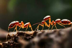 två myror gående på en logga. ai-genererad foto