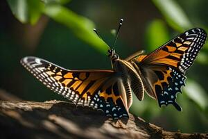 en fjäril är Sammanträde på en gren med dess vingar spridning. ai-genererad foto