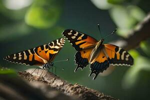 två fjärilar är Sammanträde på en gren tillsammans. ai-genererad foto