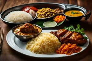 en tallrik av indisk mat med ris, grönsaker och kött. ai-genererad foto
