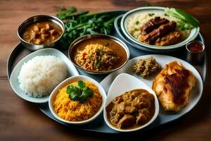 en tallrik av indisk mat med ris, kyckling, och grönsaker. ai-genererad foto