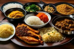en tallrik av mat med ris, kött, och ris. ai-genererad foto