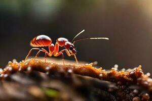 ett myra är stående på en bit av trä. ai-genererad foto