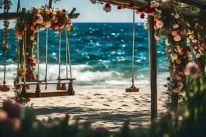 en gunga på de strand med blommor och en trä- ram. ai-genererad foto