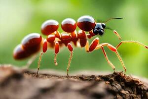 en röd myra med tre ben på topp av en träd. ai-genererad foto