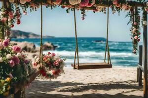 de strand bröllop ceremoni. ai-genererad foto