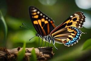 en fjäril med svart och orange vingar är Sammanträde på en gren. ai-genererad foto