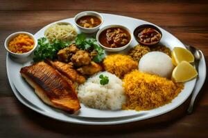 en tallrik av mat med ris, kött och Övrig maträtter. ai-genererad foto