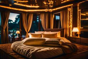 en sovrum med en säng och lampor. ai-genererad foto