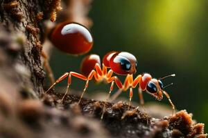ett myra med en stor blå öga och en små röd ett. ai-genererad foto