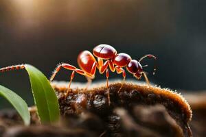 en röd myra är stående på topp av en växt. ai-genererad foto