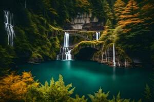 en vattenfall i de skog med en sjö i de mitten. ai-genererad foto