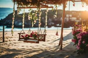 en gunga på de strand med blommor och en trä- bänk. ai-genererad foto