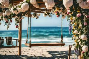 strand bröllop dekoration med gunga. ai-genererad foto
