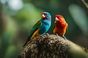 två färgrik fåglar Sammanträde på en träd gren. ai-genererad foto