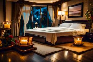 en sovrum med ljus och en säng. ai-genererad foto