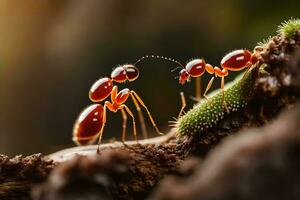 två myror är stående på en gren. ai-genererad foto