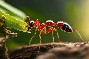 ett myra är stående på en blad. ai-genererad foto