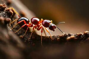 ett myra är krypande på en träd trunk. ai-genererad foto