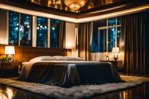 en sovrum med en säng och lampor. ai-genererad foto