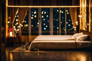 en sovrum med en säng och lampor på de vägg. ai-genererad foto