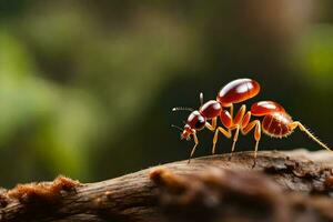en röd myra är stående på en gren. ai-genererad foto
