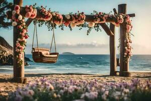en gunga på de strand med blommor och en trä- båge. ai-genererad foto