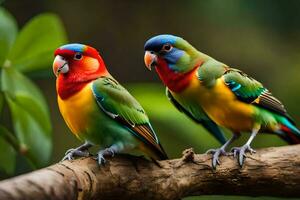 två färgrik fåglar Sammanträde på en gren. ai-genererad foto
