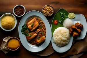 en tabell med mat och skålar av ris. ai-genererad foto