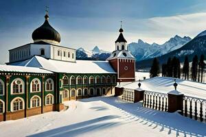 en kyrka i de snö med bergen i de bakgrund. ai-genererad foto