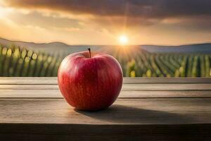 ett äpple sitter på en trä- tabell i främre av en vingård. ai-genererad foto