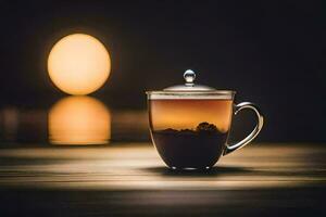 en kopp av te sitter på en tabell i främre av en full måne. ai-genererad foto