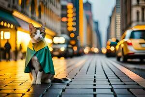 en katt bär en cape på de gata. ai-genererad foto