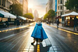 en katt i en blå regnkappa stående på en gata. ai-genererad foto