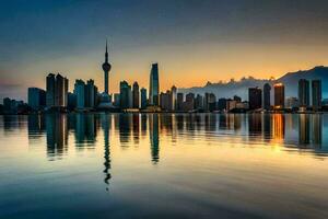 de stad horisont av shanghai är reflekterad i de vatten. ai-genererad foto