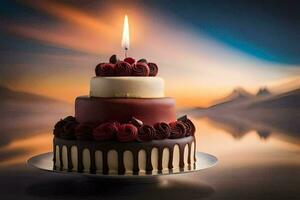 en kaka med en ljus på topp av Det. ai-genererad foto
