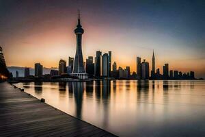 de stad horisont på solnedgång i shanghai. ai-genererad foto