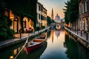 en båt är Sammanträde på en kanal i en stad. ai-genererad foto