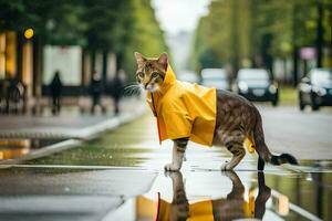 en katt i en regnkappa stående på en våt gata. ai-genererad foto